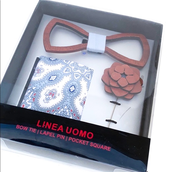 Lines Uomo Bow Tie Lapel Pink Pocket Square Set - Picture 2 of 6